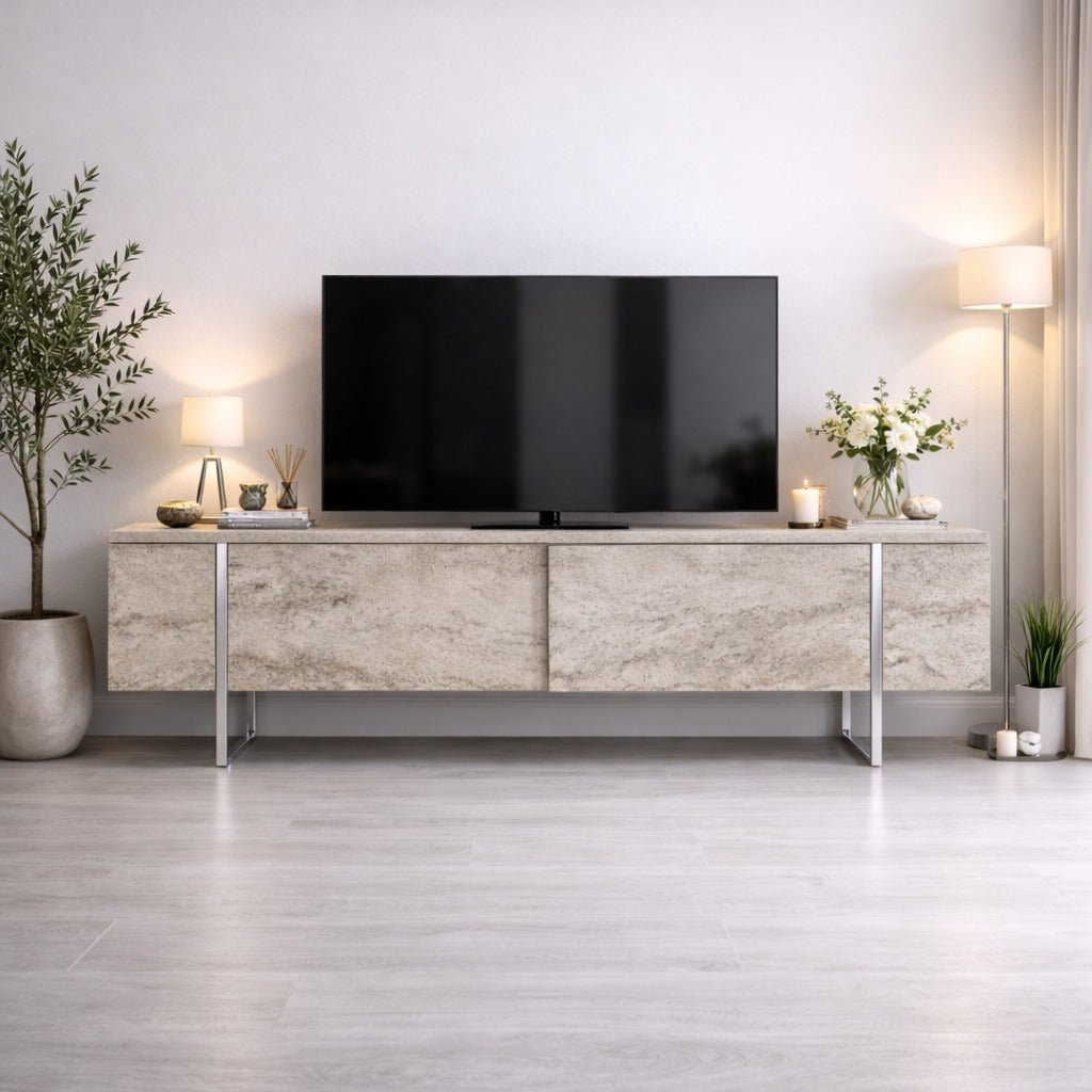 TV Furniture - TV Furniture Travertine Luxury 180x50x30 - Silver Frame - Dimehouse