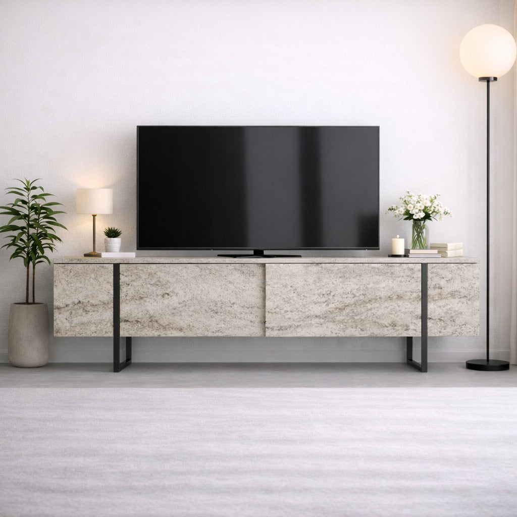 TV Furniture - TV Furniture Travertine Luxury 180x50x30 - Black Frame - Dimehouse