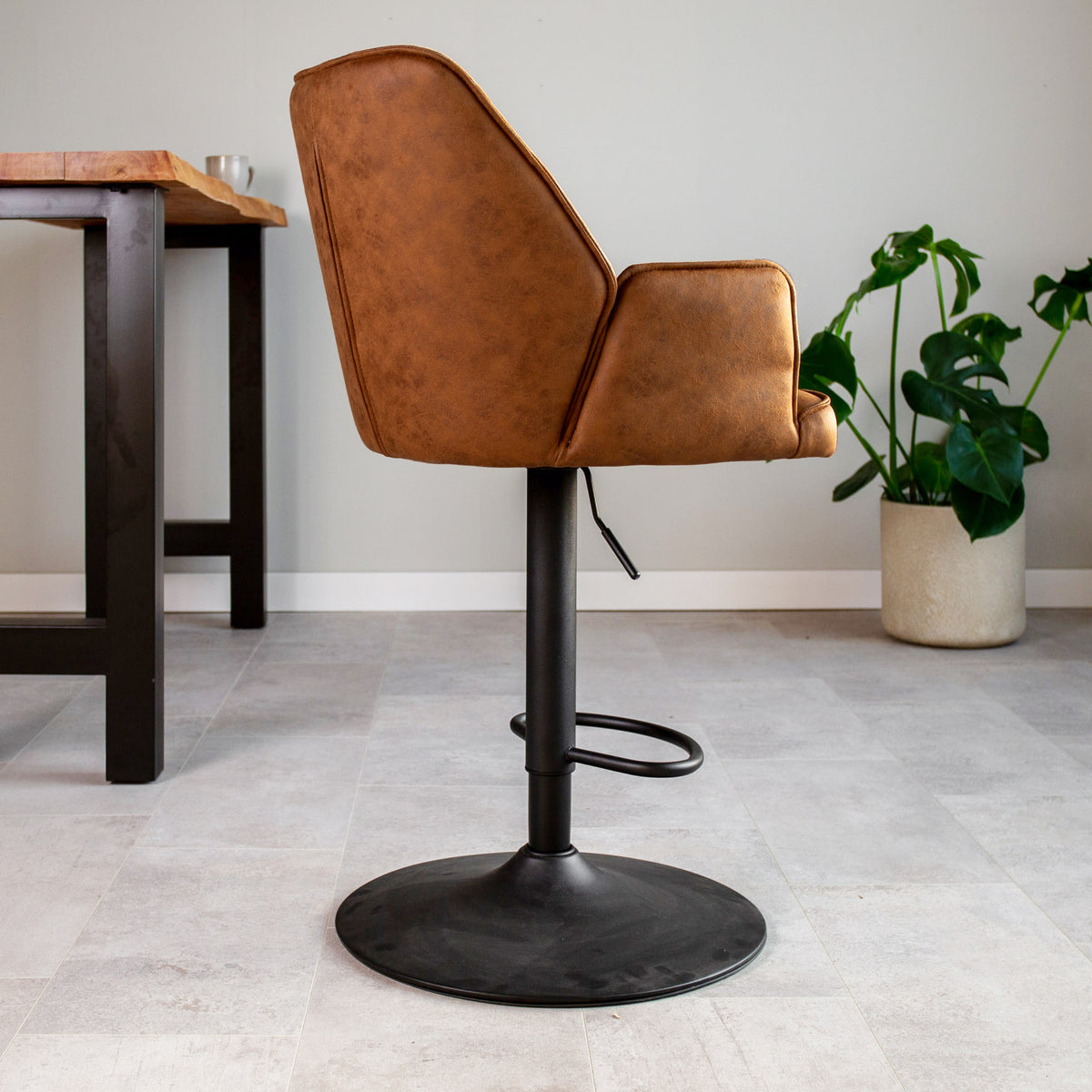 Bar Stools - Swivel Bar Stool Cognac Microfiber Fabric Novan - Adjustable - With Armrests - Dimehouse