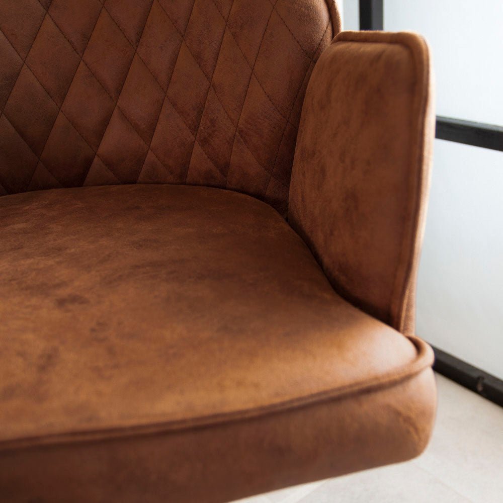 Bar Stools - Swivel Bar Stool Cognac Microfiber Fabric Novan - Adjustable - With Armrests - Dimehouse