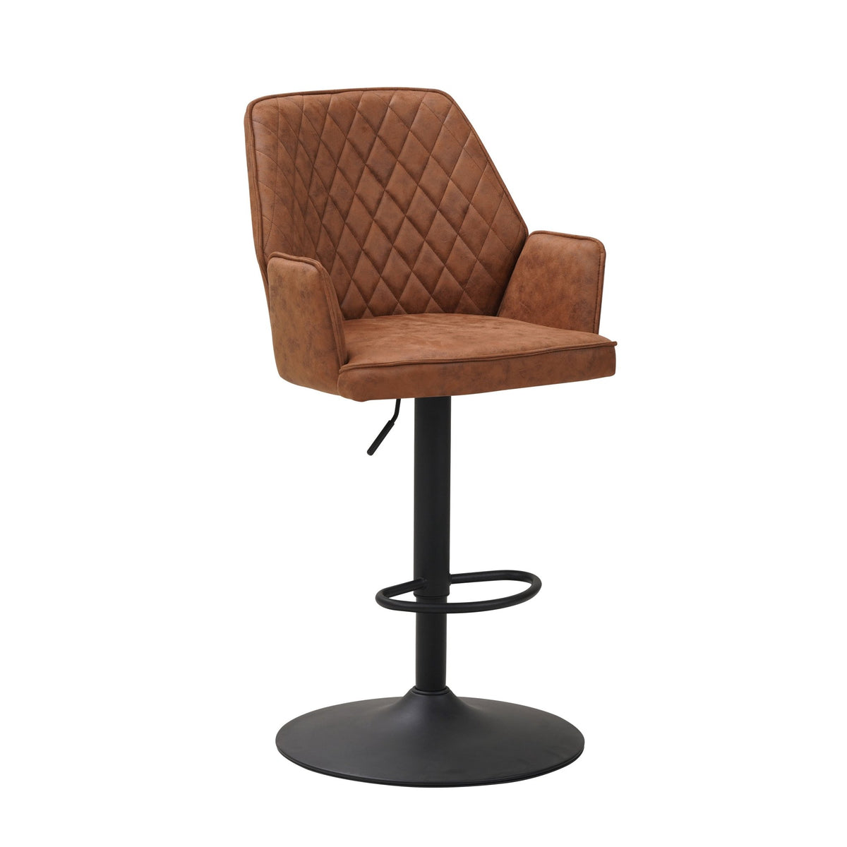 Bar Stools - Swivel Bar Stool Cognac Microfiber Fabric Novan - Adjustable - With Armrests - Dimehouse