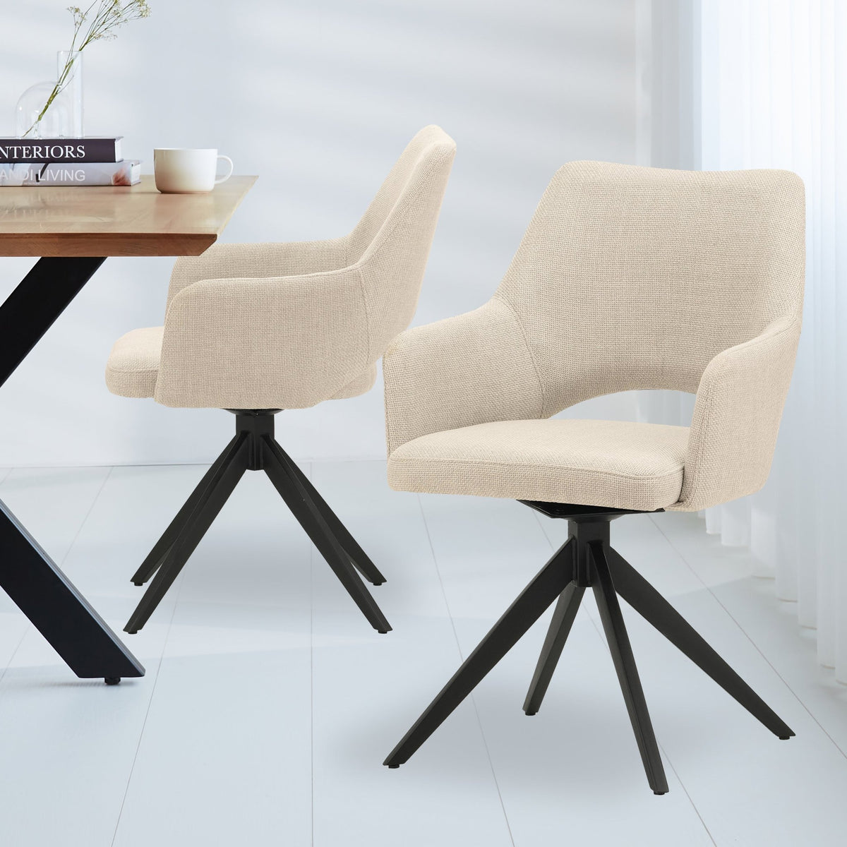 Dining room chairs - Modern Swivel Dining room chair Beige Fabric Sid - With Armrests - Dimehouse