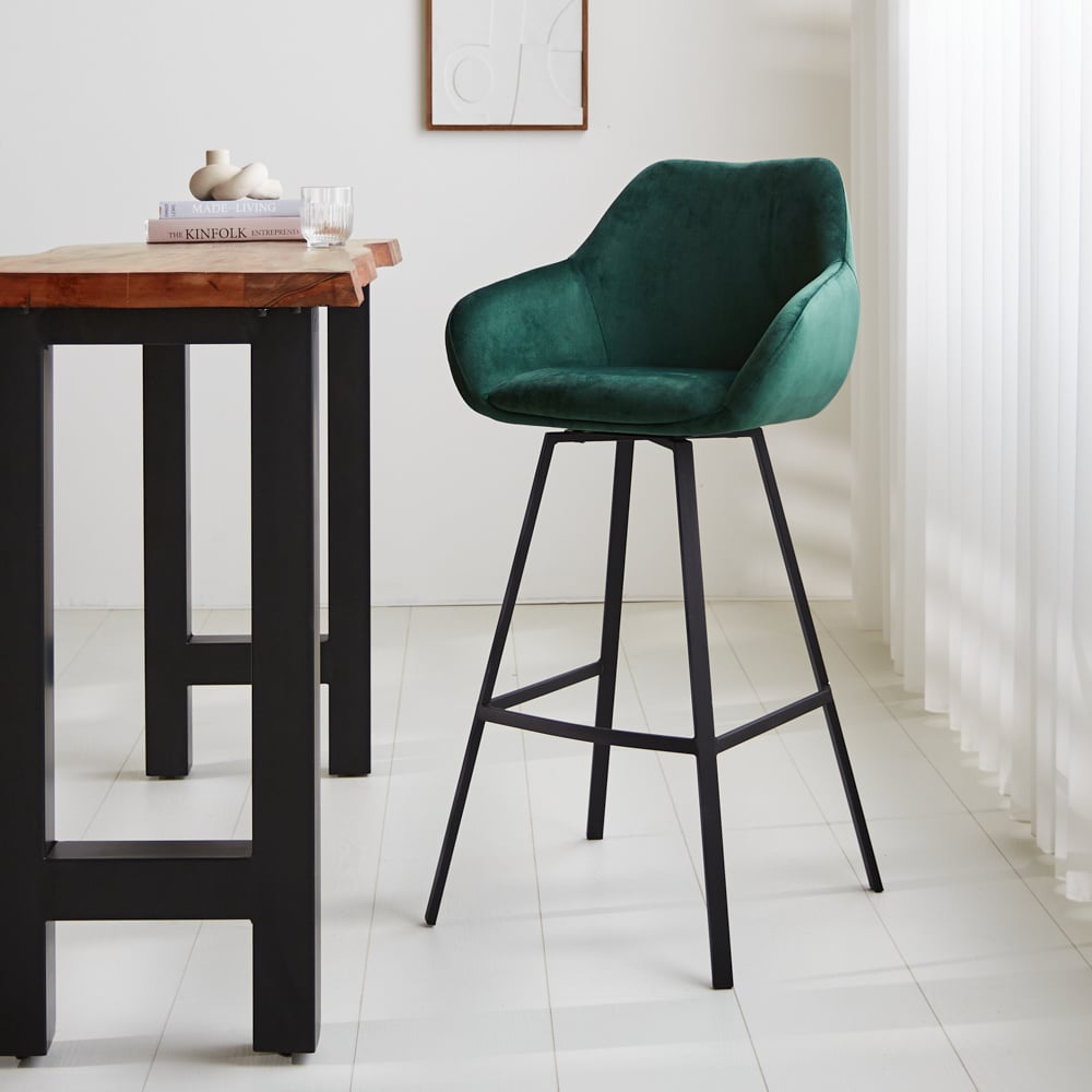 Bar stool Elise Velvet Dimehouse Green LxWxH 95x59x57 Velvet Atmospheric photo diagonal front view