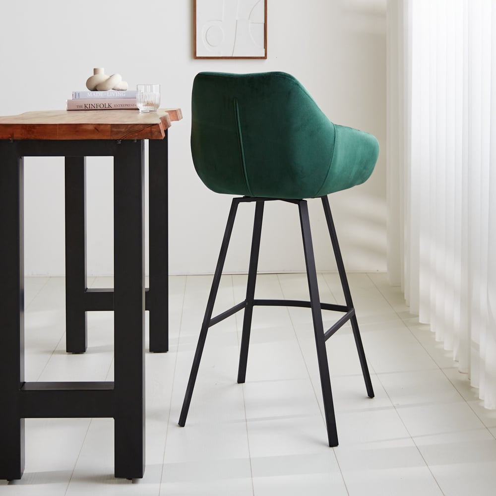 Bar stool Elise Velvet Dimehouse Green LxWxH 95x59x57 Velvet Atmospheric photo diagonal rear view