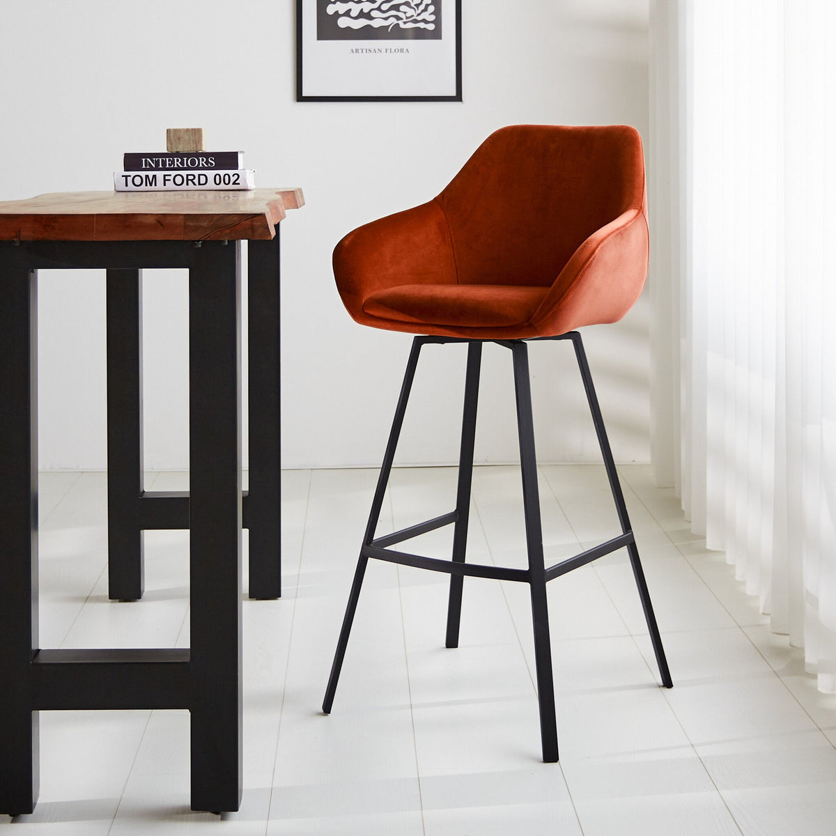 Bar stool Elise Velvet Dimehouse Rust LxWxH 95x59x57 Velvet Atmospheric photo diagonal front view