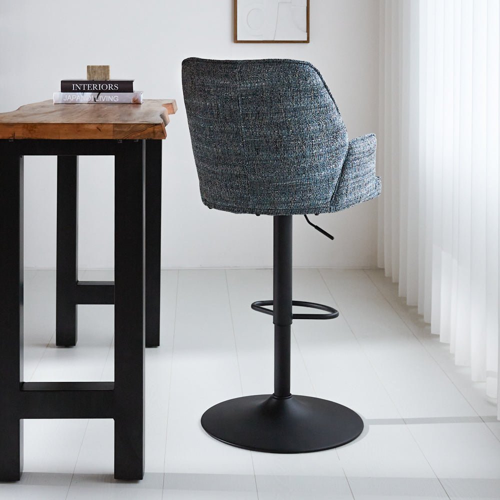 Bar stool Novan chenille Dimehouse Blue LxWxH 75x58x54 Fabric Atmospheric photo diagonal rear view