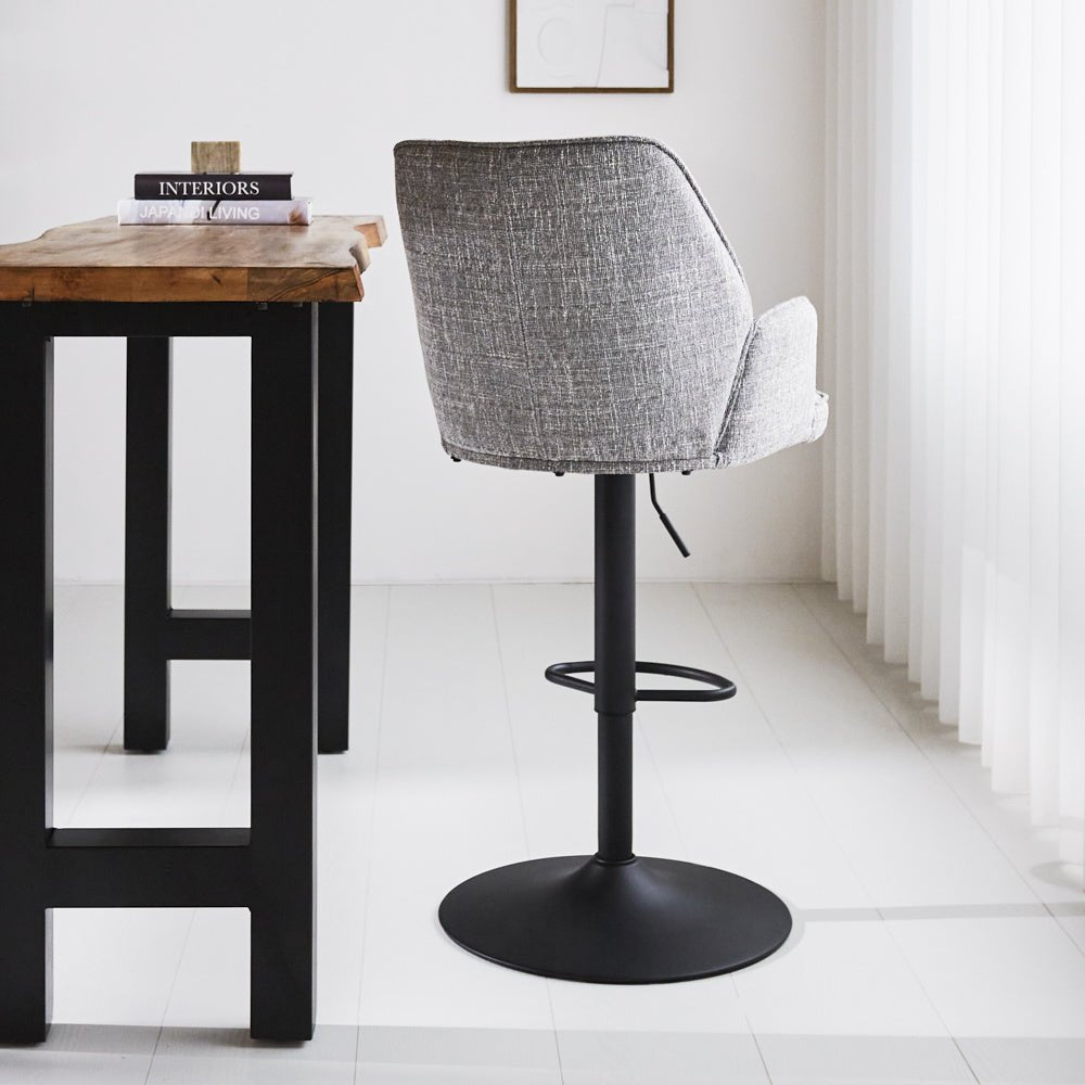 Bar stool Novan chenille Dimehouse Light gray LxWxH 75x58x54 Fabric Atmospheric photo diagonal rear view