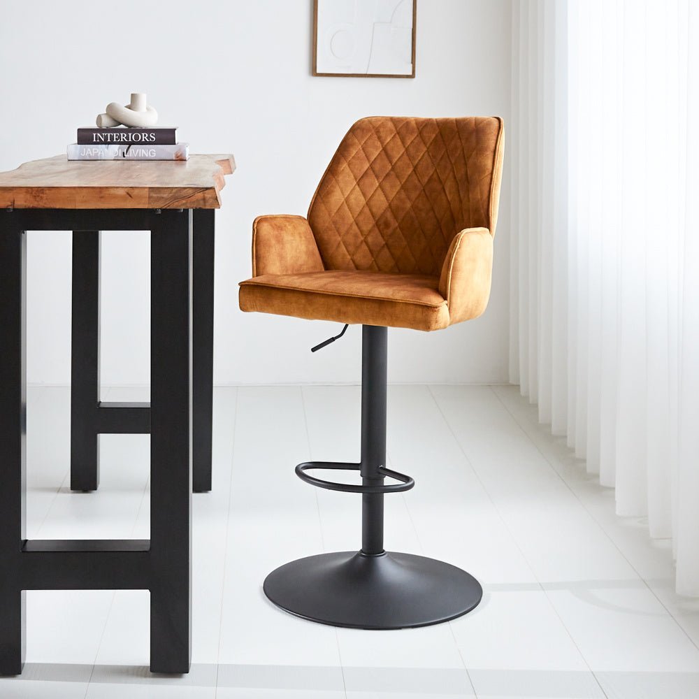 Barstool Novan velvet Dimehouse Cognac LxWxH 75x58x54 Fabric Atmospheric photo diagonal front view