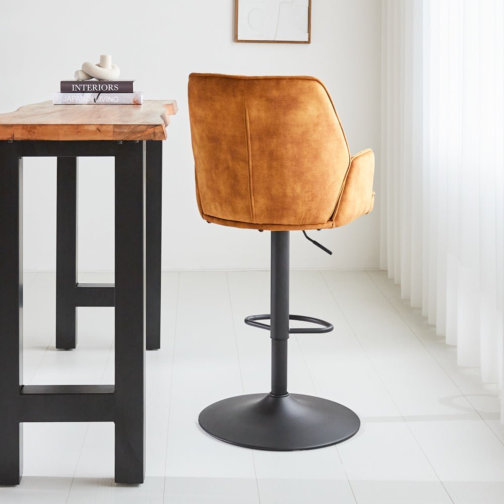 Barstool Novan velvet Dimehouse Cognac LxWxH 75x58x54 Fabric Atmospheric photo diagonal rear view