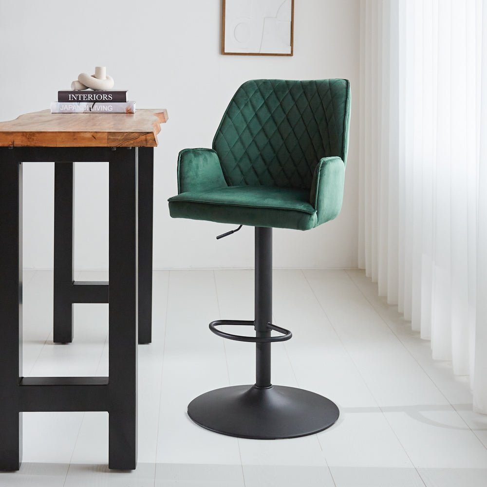 Barstool Novan velvet Dimehouse Green LxWxH 75x58x54 Fabric Atmospheric photo diagonal front view