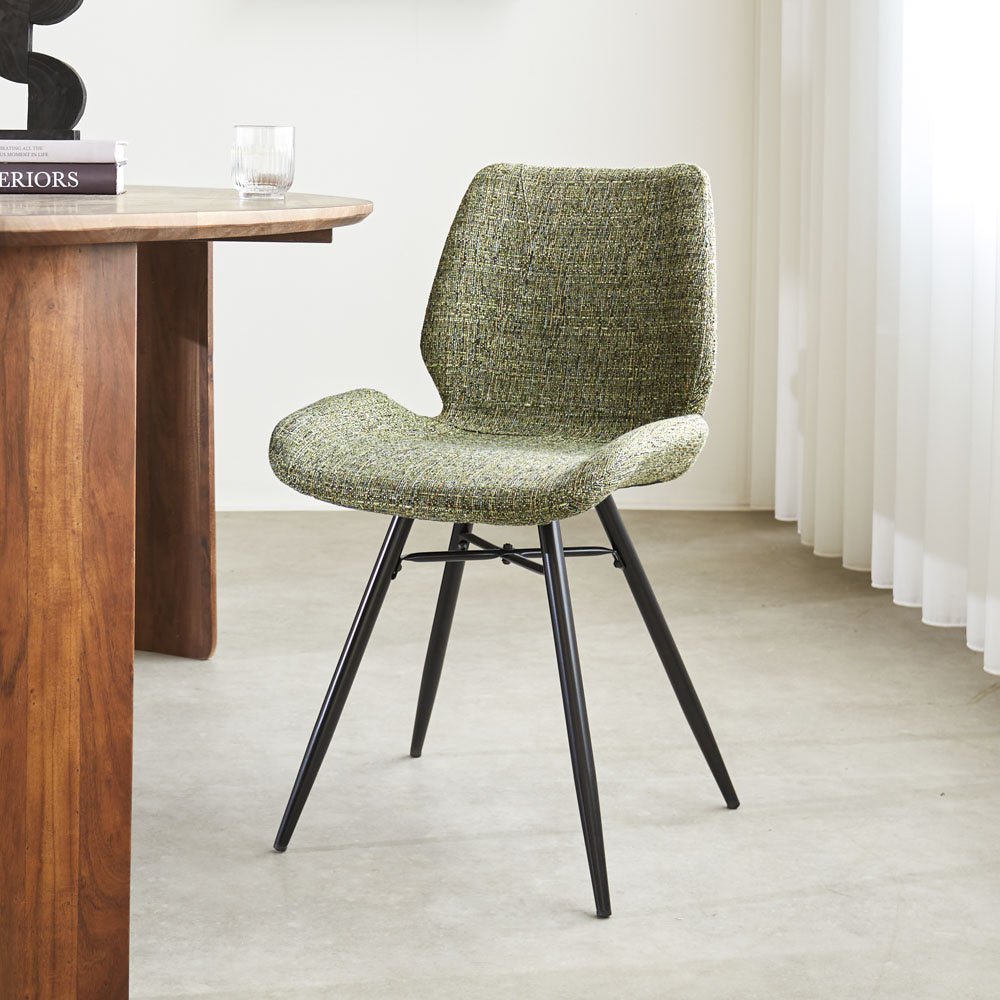 Dining room chair Beau chenille Dimehouse Green LxWxH 72x68x50 Fabric Atmospheric photo diagonal front view