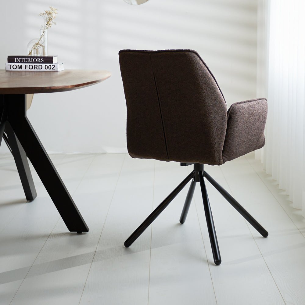 Dining room chair Novan bouclé Dimehouse Brown LxWxH 67x59x57 Fabric Atmospheric photo diagonal rear view