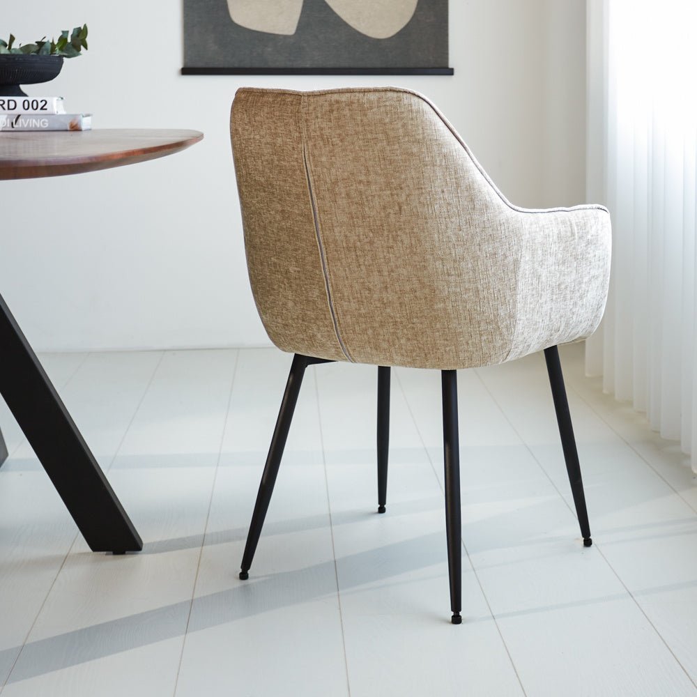 Dining room chair Sev Dimehouse Beige LxWxH 68x62x61 Fabric Atmospheric photo diagonal rear view