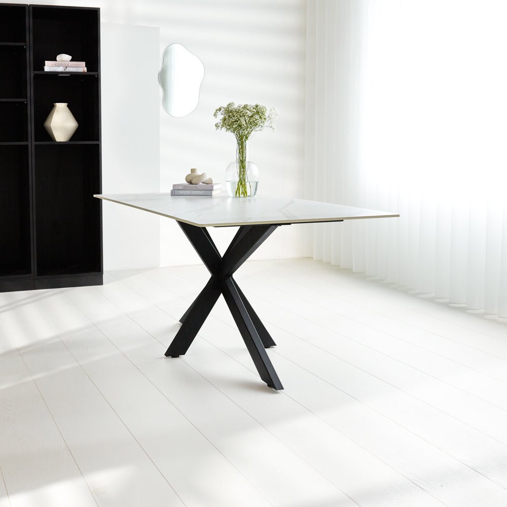 Dining table Edin White Dimehouse White LxWxH 252x121x16 Sintered stone Atmospheric photo diagonal front view