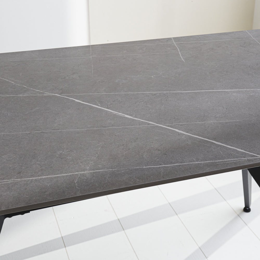 Grace Gray dining table Dimehouse Gray LxWxH 215x105x10 Sintered stone Atmospheric photo diagonal front view
