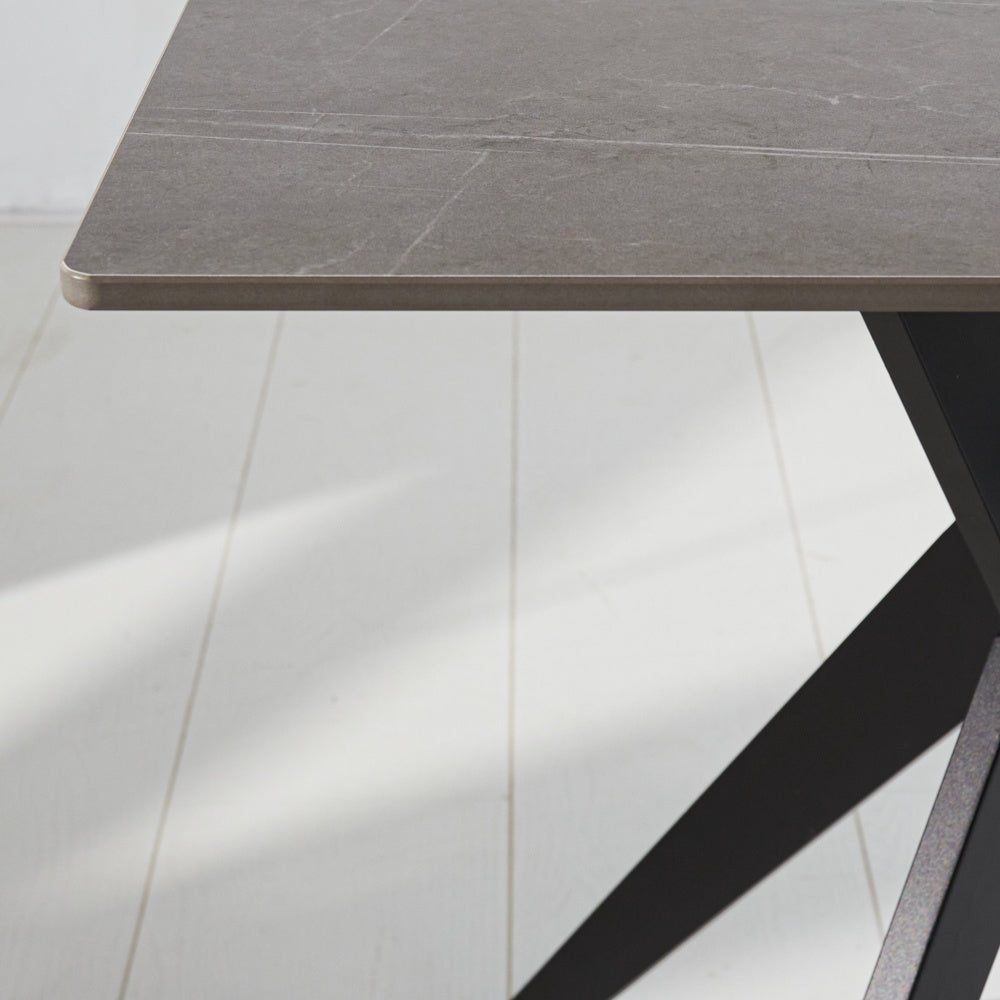 Grace Gray dining table Dimehouse Gray LxWxH 215x105x10 Sintered stone Atmospheric photo diagonal front view