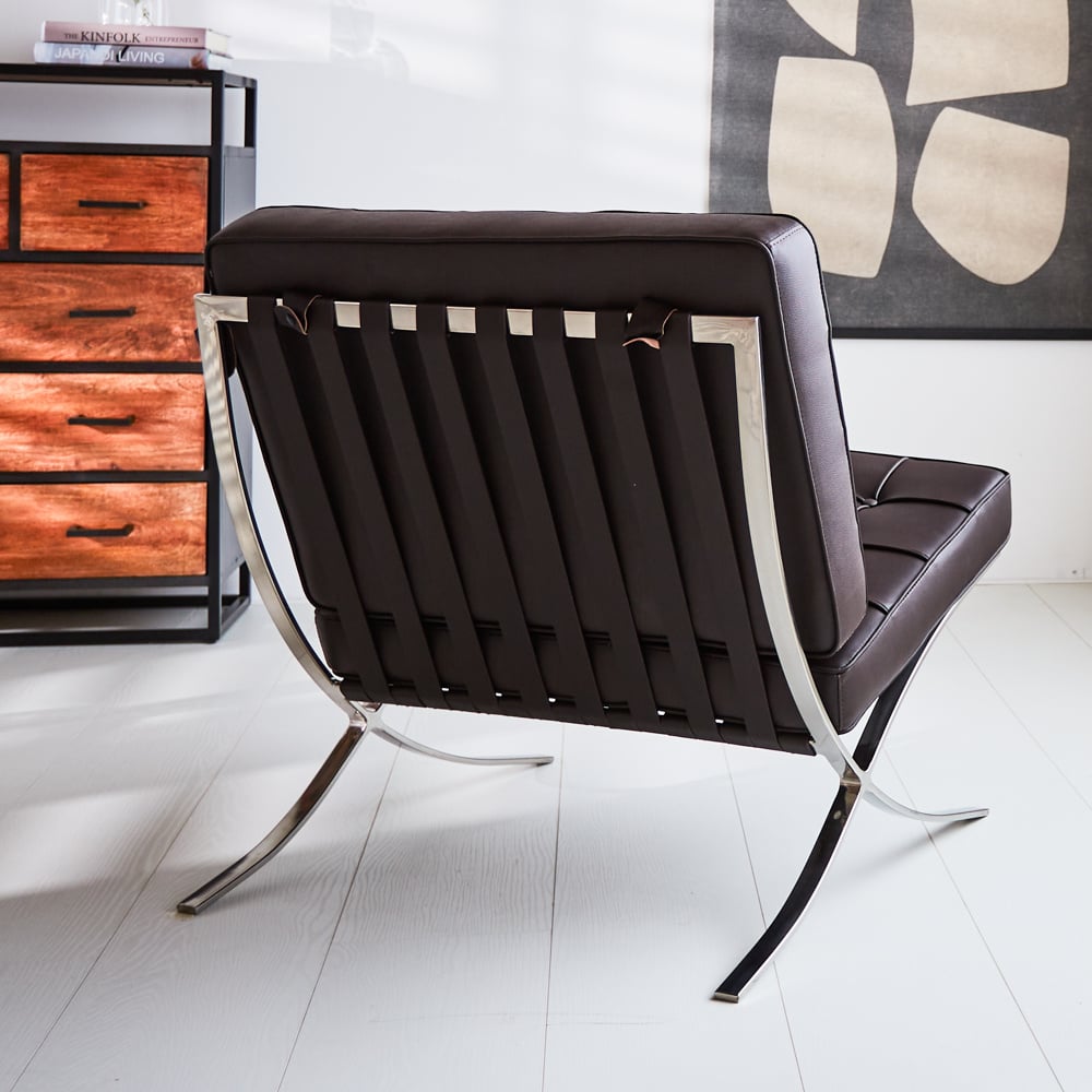 Armchair Expo Dimehouse Brown LxWxH 80x78x78 Cowhide leather Atmospheric photo diagonal rear view