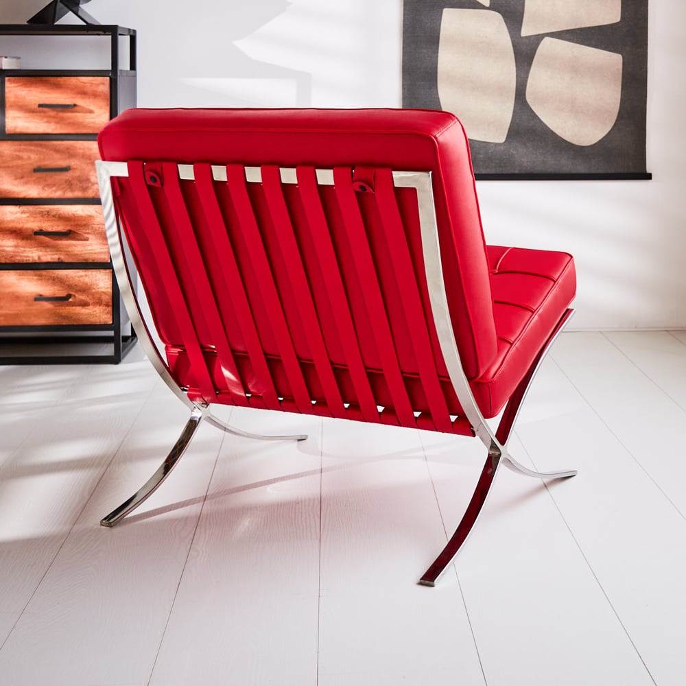 Armchair Expo Dimehouse Red LxWxH 80x78x78 Cowhide leather Atmospheric photo diagonal rear view