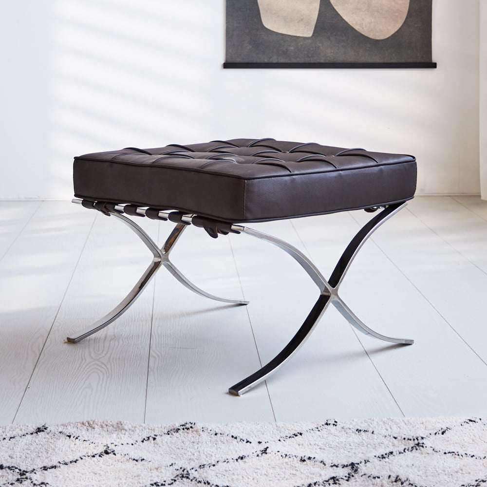 Footstool Expo Premium Dimehouse Dark brown LxWxH 63x62x36 Leather Atmospheric photo diagonal front view