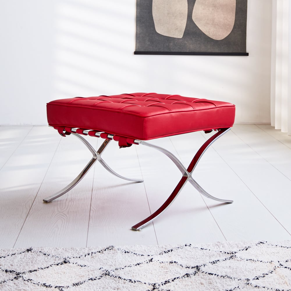 Footstool Expo Premium Dimehouse Red LxWxH 63x62x36 Leather Atmospheric photo diagonal front view