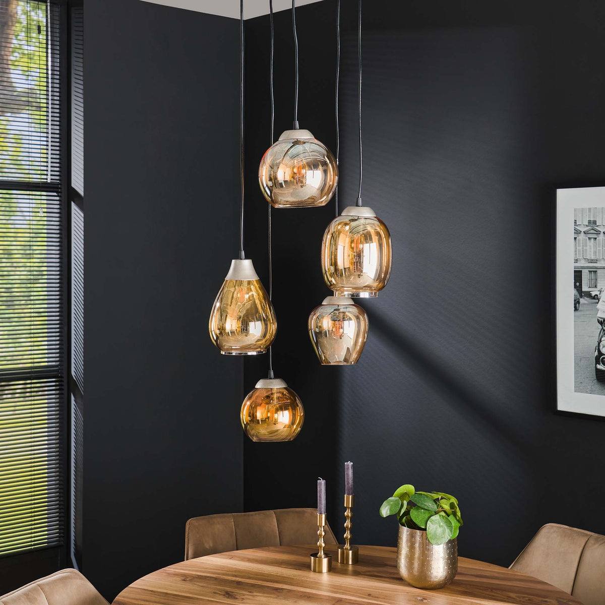 Hanging lamp Felien Amber DH Interior Amber color glass LxWxH 59x59x32 Glass Atmospheric photo diagonal front view