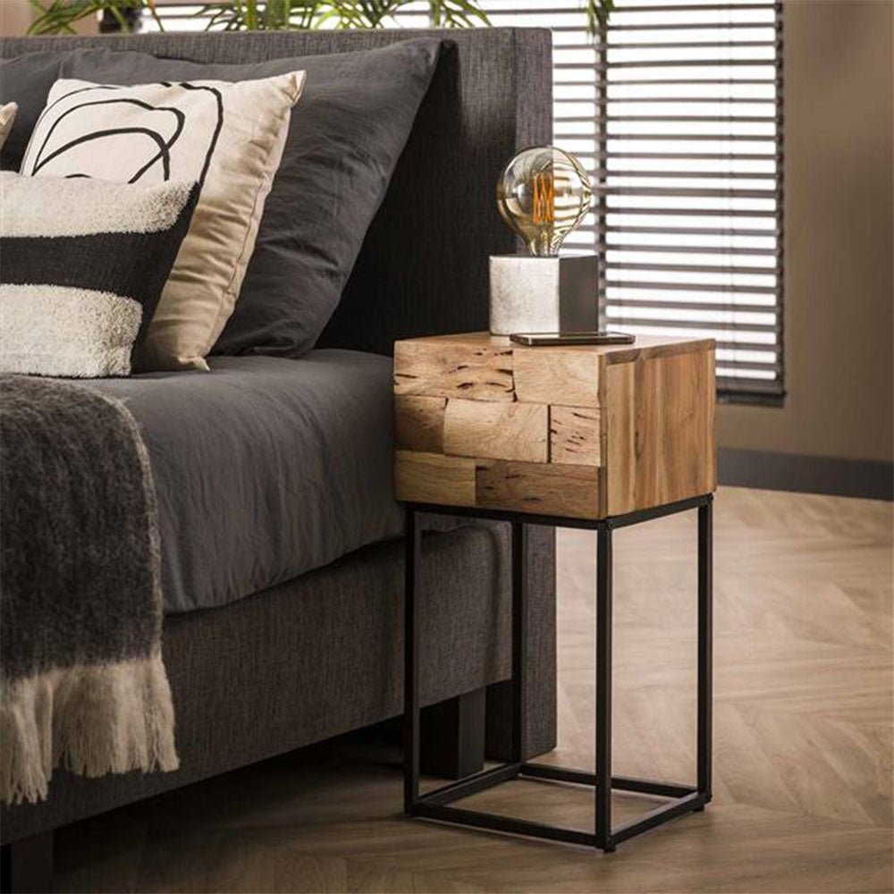 Bedside table Anna-Sophie DH Interior Acacia LxWxH 44x35x28 Acacia wood Atmospheric photo diagonal front view