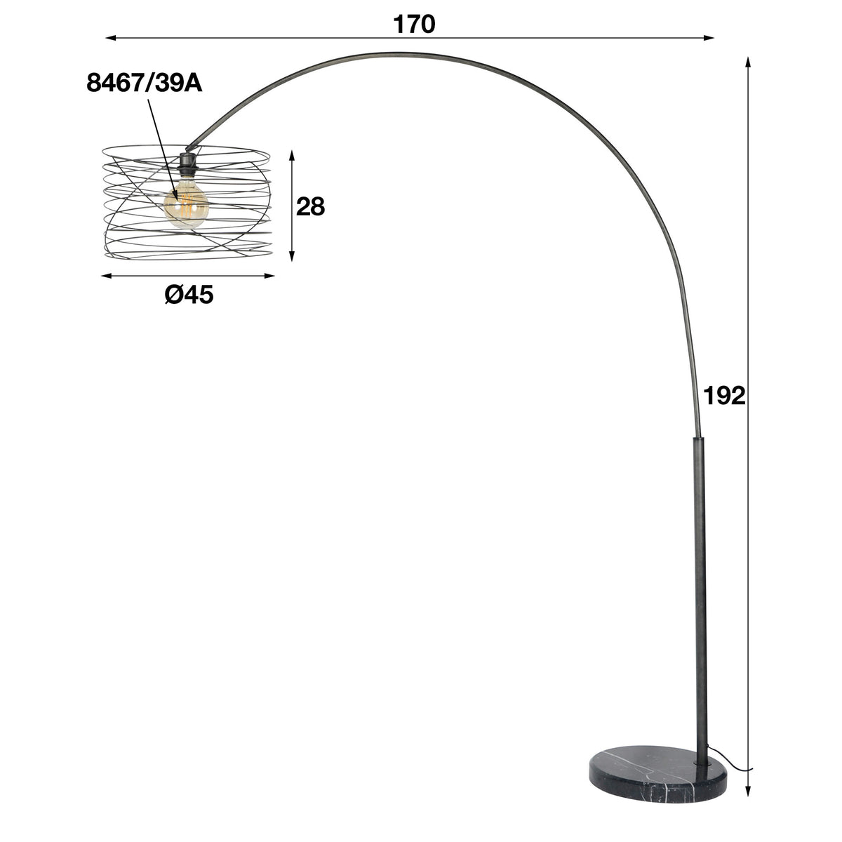 Arc lamp Twist DH Interior Charcoal LxWxH 44x44x11 Metal White photo size indication