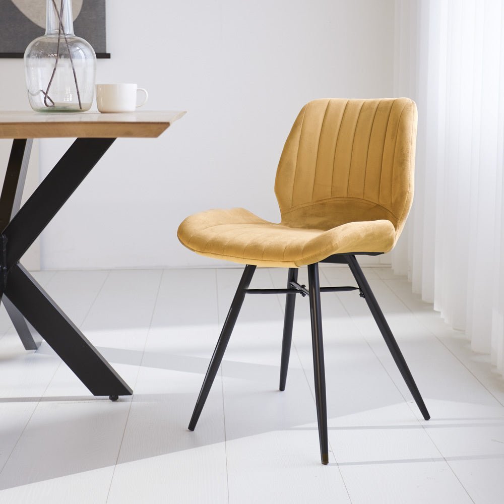 Dining room chair Beau velvet Dimehouse Yellow LxWxH 71x67x49 Fabric Atmospheric photo diagonal front view
