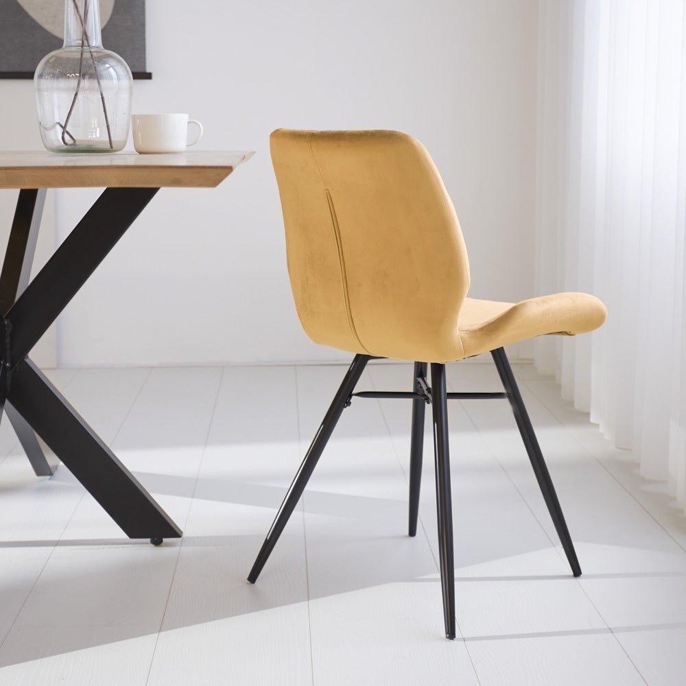 Dining room chair Beau velvet Dimehouse Yellow LxWxH 71x67x49 Fabric Atmospheric photo diagonal rear view