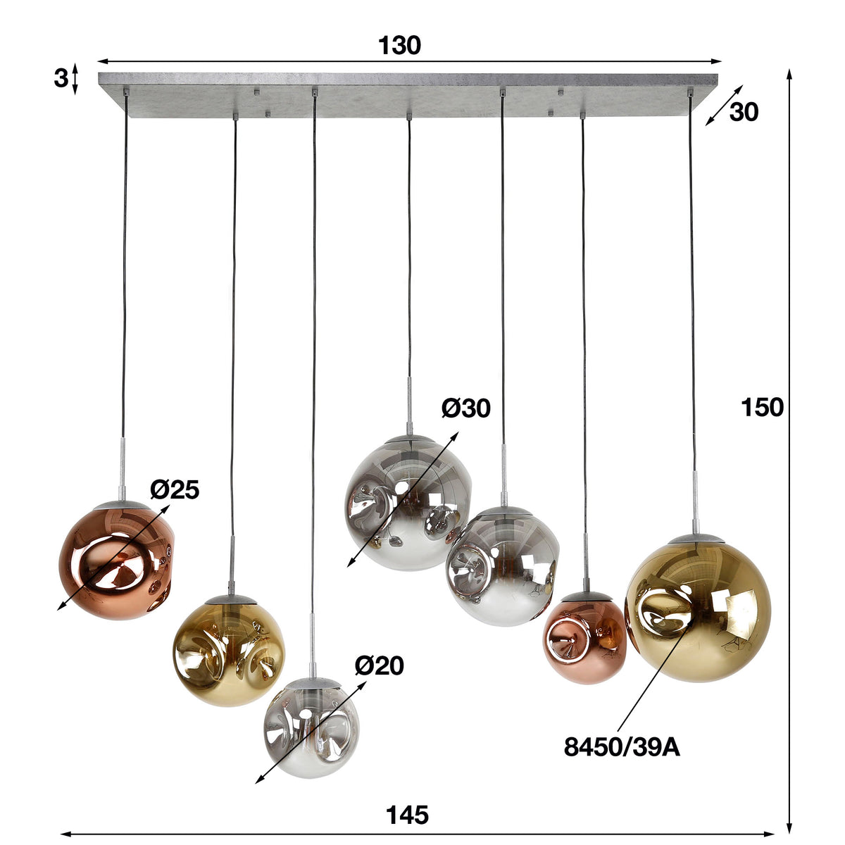 Hanging lamp Ada DH Interior Silver LxWxH 135x73x37 Silver White photo size indication