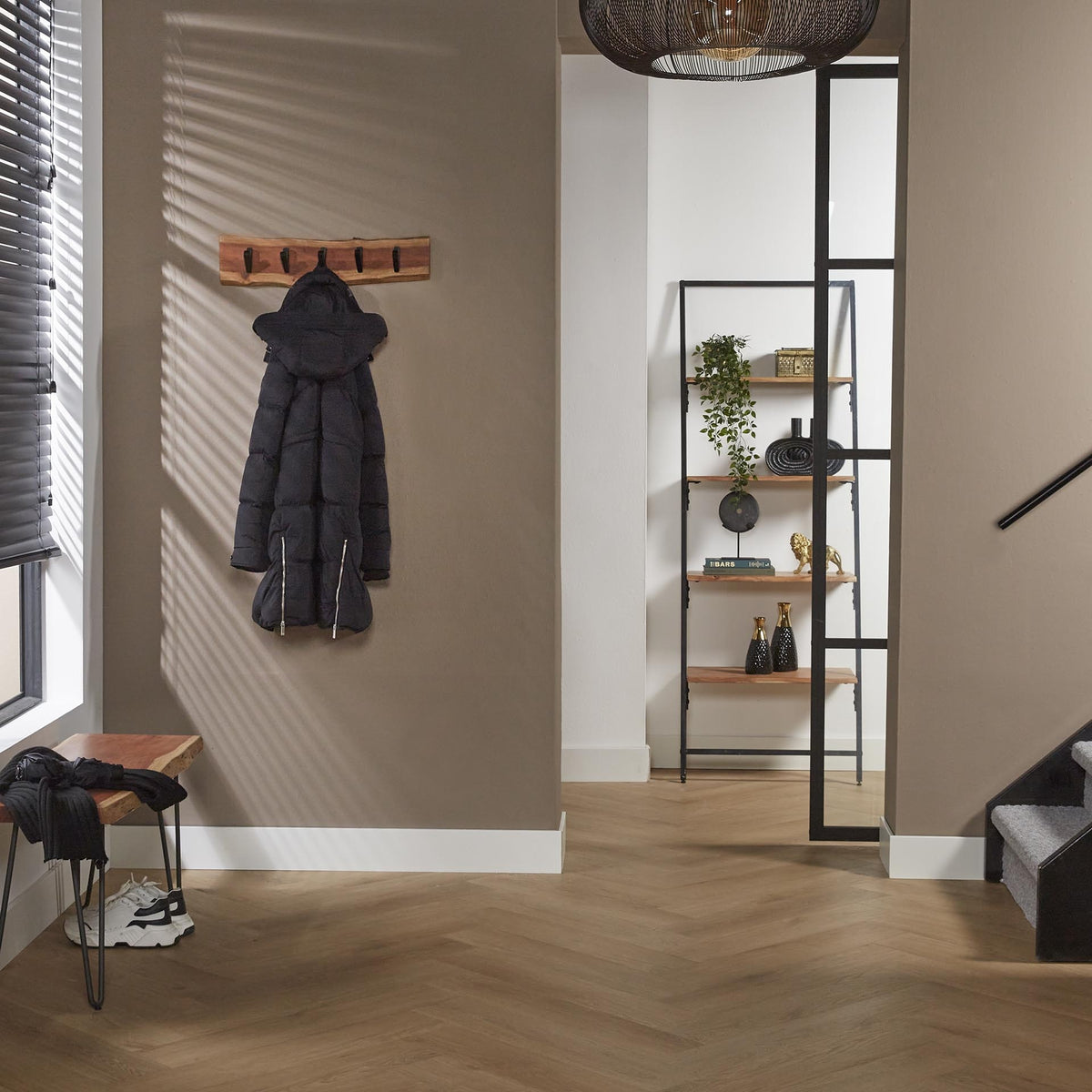 Coat rack Levi DH Interior Acacia LxWxH 64x18x10 Acacia wood Atmospheric photo diagonal front view
