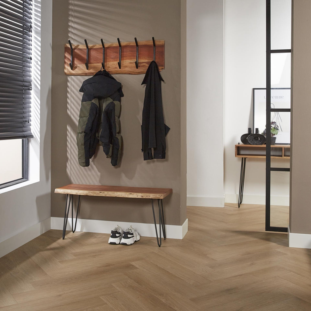 Coat rack Levi DH Interior Acacia LxWxH 105x38x15 Acacia wood Atmospheric photo diagonal front view
