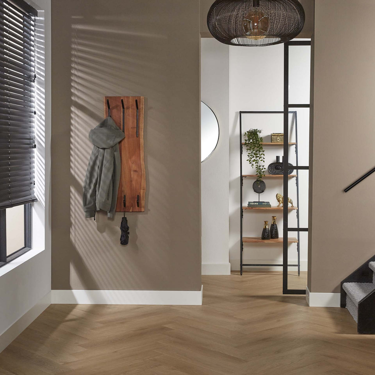 Coat rack Levi DH Interior Acacia LxWxH 110x36x27 Acacia wood Atmospheric photo diagonal front view