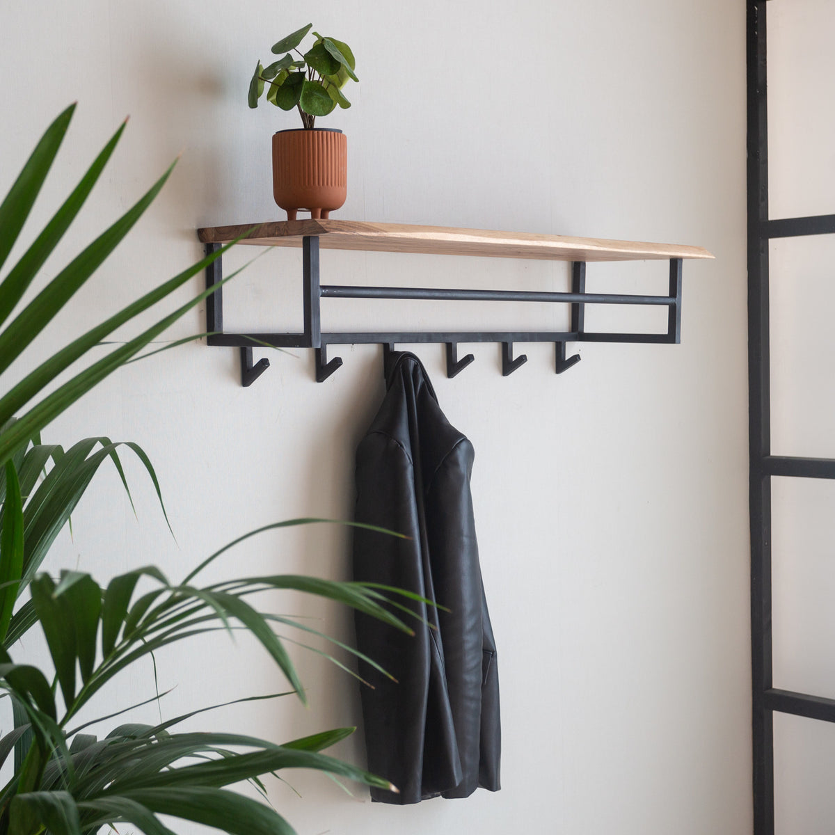 Coat rack Niels DH Interior Acacia LxWxH 102x37x30 Acacia wood Atmospheric photo diagonal front view