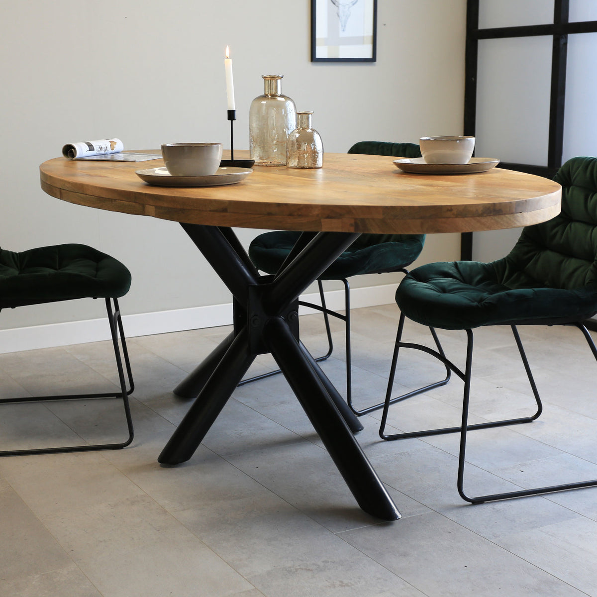 Dining table Oregon Dimehouse Brown LxWxH 283x115x9 Mango wood Atmospheric photo diagonal front view