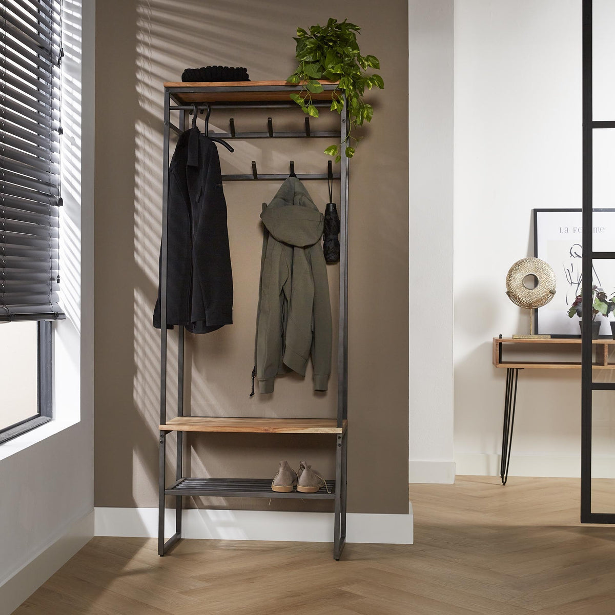 Coat rack Karl DH Interior Acacia LxWxH 182x70x35 Acacia wood Atmospheric photo front view