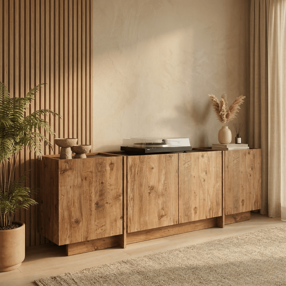 Sideboards - Sideboard Japandi oak look melamine anthracite Lowen 180x45x80 cm - Dimehouse