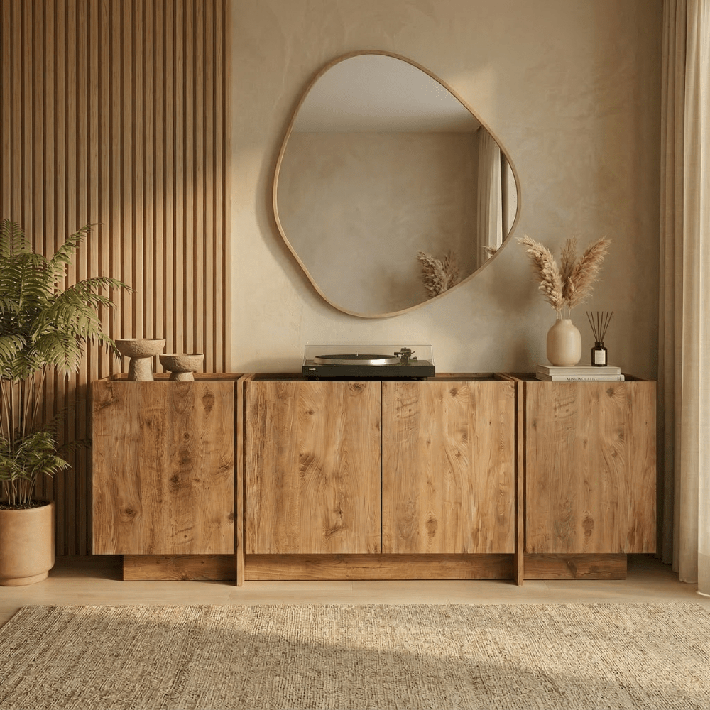Sideboards - Sideboard Japandi oak look melamine anthracite Lowen 180x45x80 cm - Dimehouse
