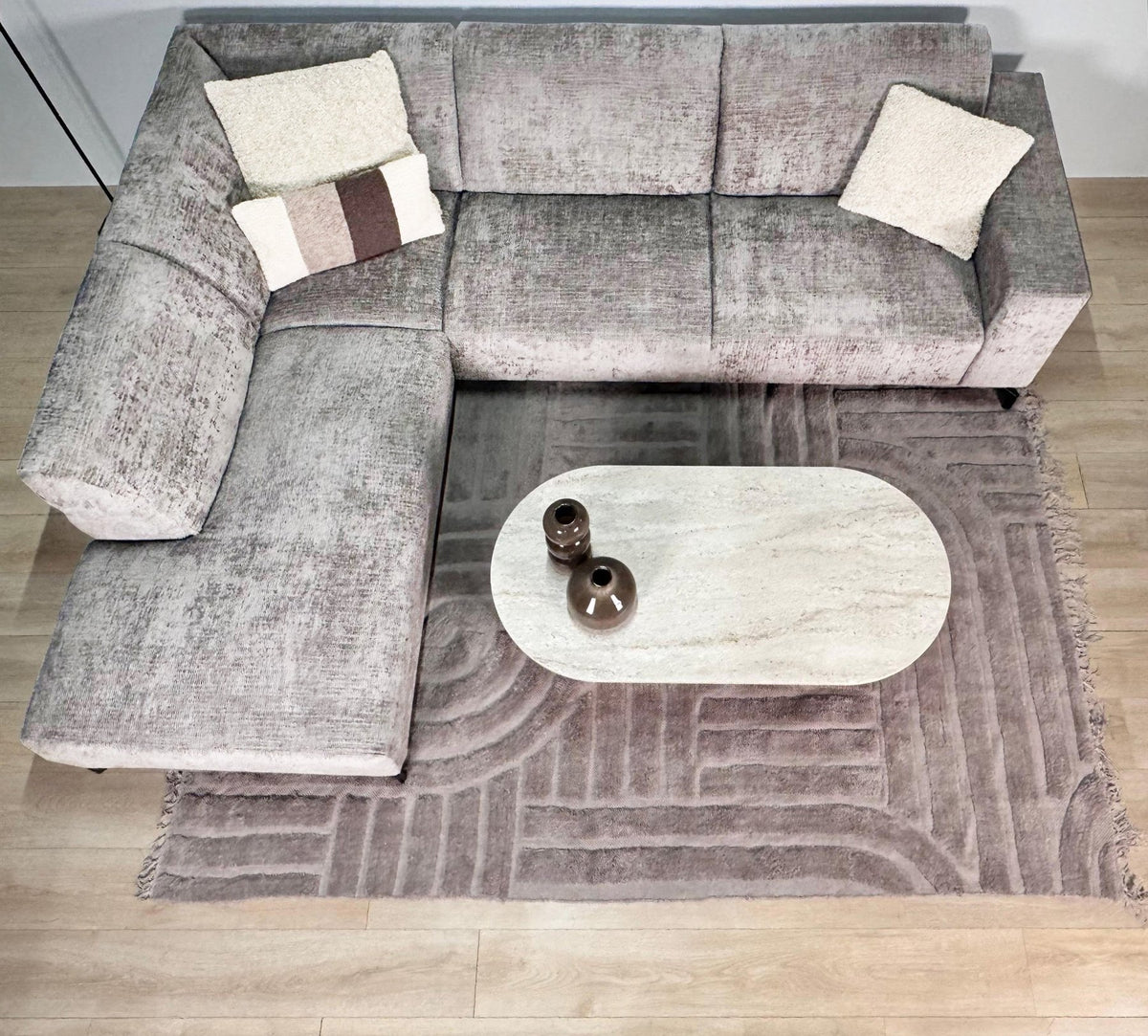Sofas - Corner sofa with chaise longue taupe chenille fabric Manon - left - Dimehouse