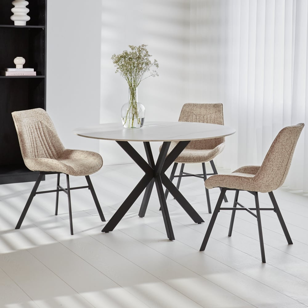 Dining table Yuna White Dimehouse White LxWxH 132x132x11 Sintered stone Atmospheric photo diagonal front view