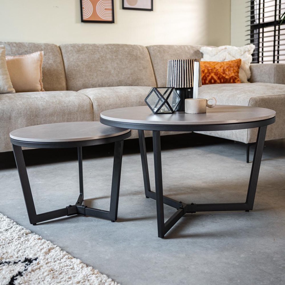 Coffee tables - Coffee table Set of 2 Brady Round Marble Look Gray - Dimehouse