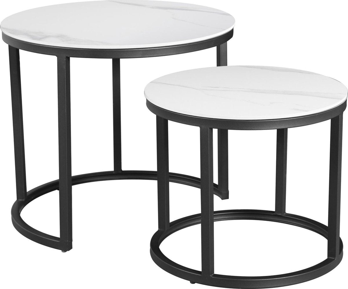 Coffee Tables - Round Coffee Table Set of 2 Sintered Stone Marble Look Paige White - Dimehouse