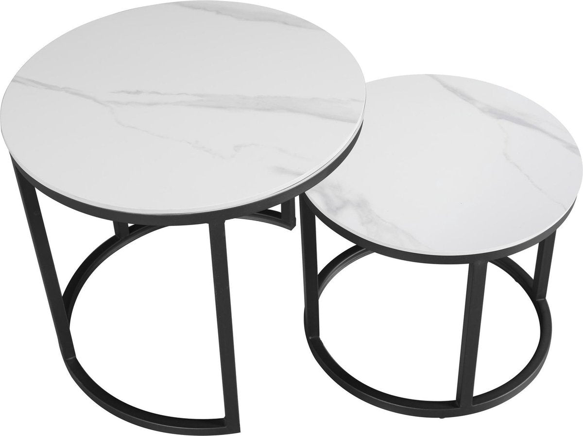 Coffee Tables - Round Coffee Table Set of 2 Sintered Stone Marble Look Paige White - Dimehouse