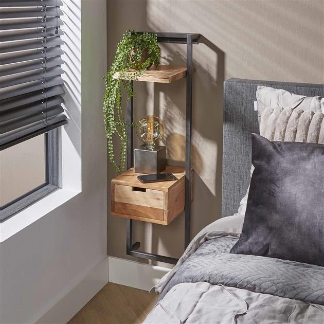 Bedside table Naomi DH Interior Acacia LxWxH 103x35x20 Acacia wood Atmospheric photo diagonal front view