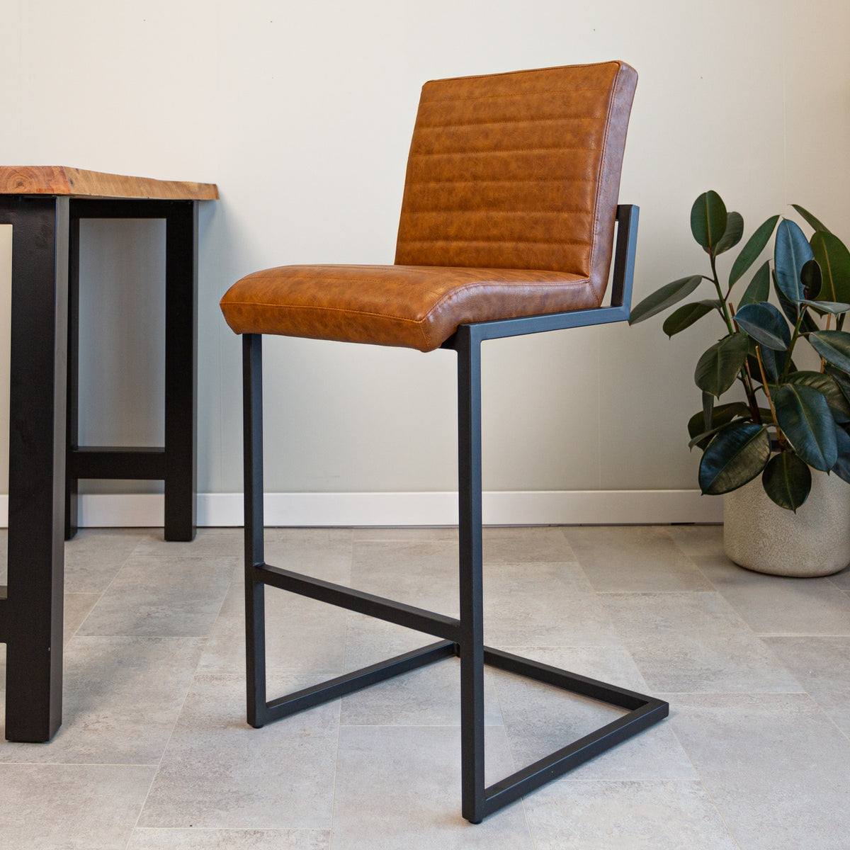 Barstool Kuba Dimehouse Cognac LxWxH 72x69x54 Faux leather Atmospheric photo diagonal front view