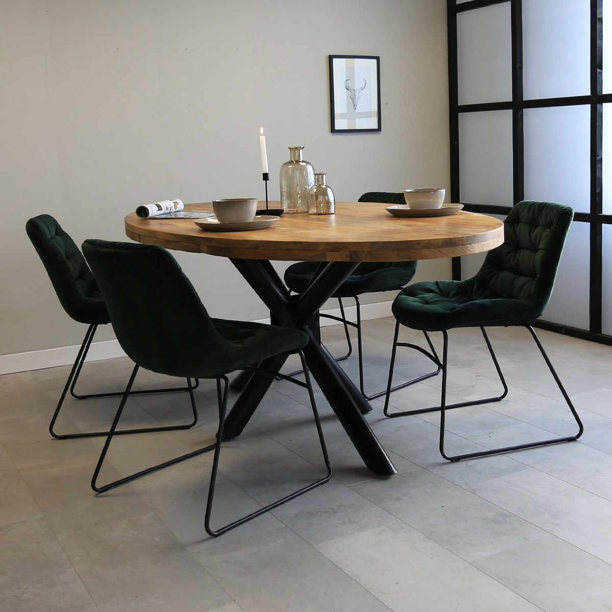 Dining table Oregon Dimehouse Brown LxWxH 80x80x30 Mango wood Atmospheric photo diagonal front view