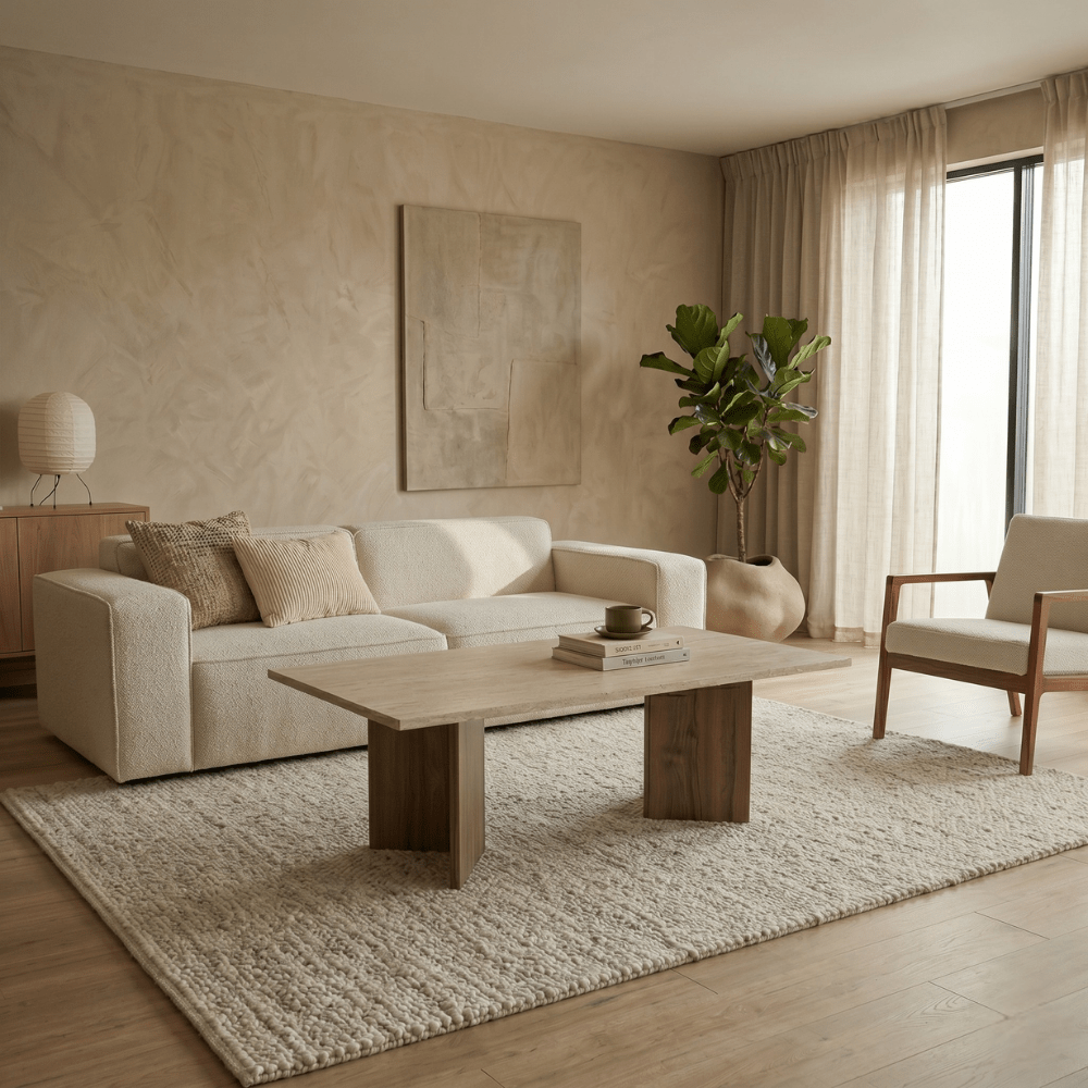 Coffee tables - Rectangular coffee table walnut melamine with travertine top Sabin 119x60 cm - Dimehouse