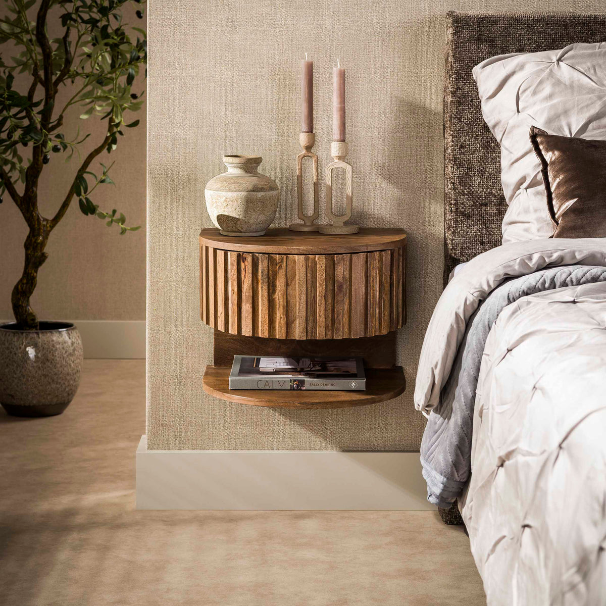 Bedside tables-Bedside table Ridge floating with open sand box Mango wood 40x35x30 cm -Dimehouse