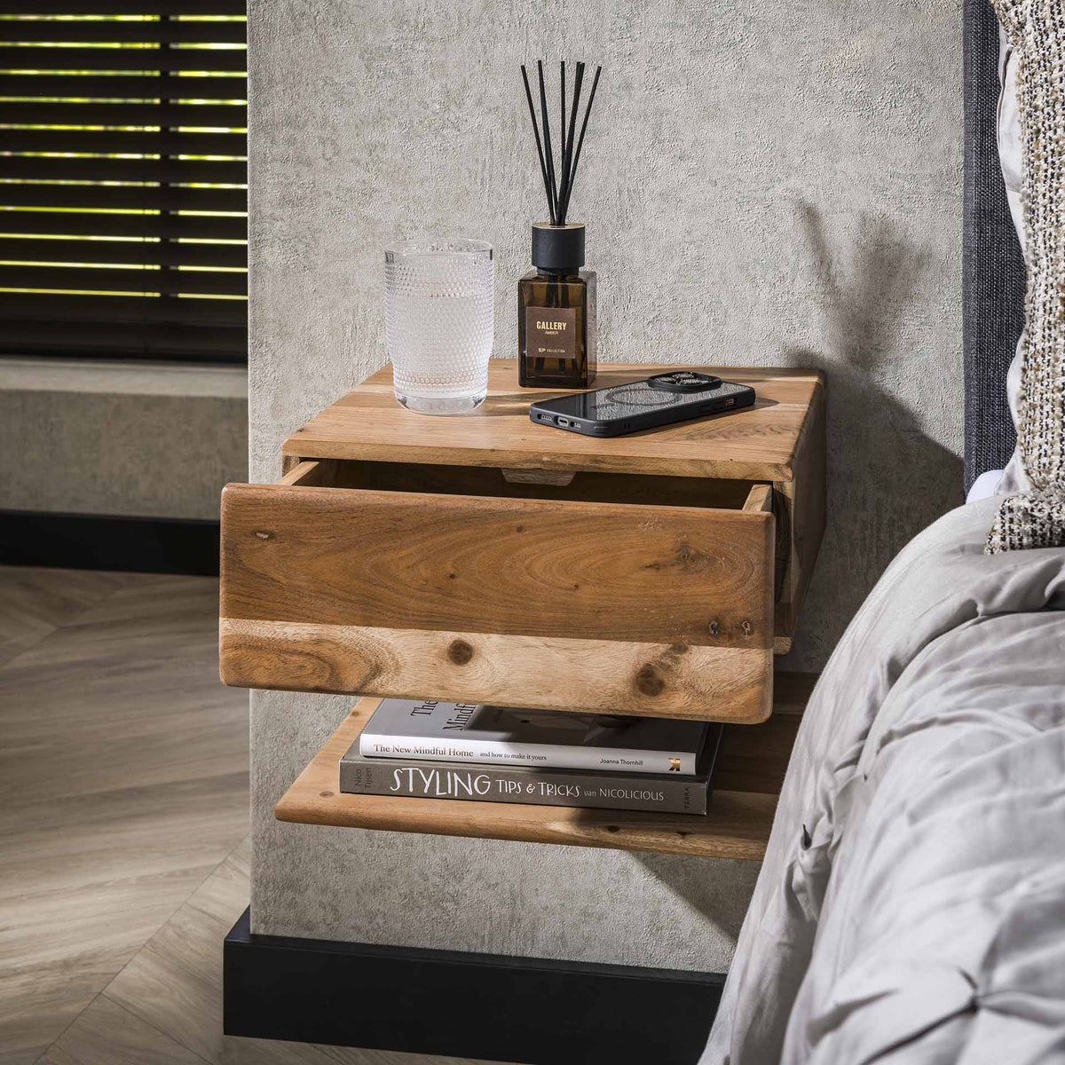 Bedside Tables - Floating Bedside Table Ian Acacia Wood with Drawer and Shelf - Dimehouse