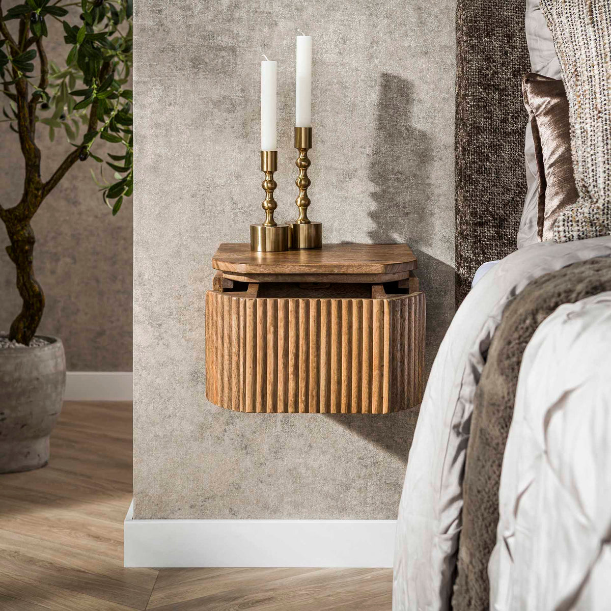Bedside Tables - Floating Bedside Table Mango wood Sand 1 Drawer - Dimehouse